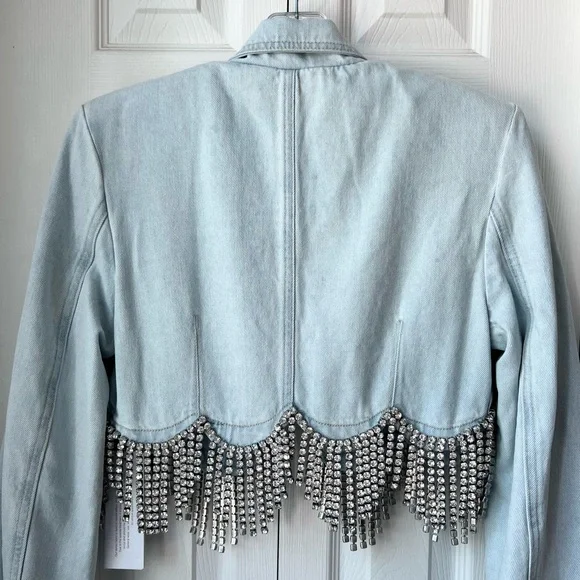 ⚡️⚡️AREA Scalloped Embellished Cropped Denim Jacket in Pale Blue, Size 4,NWT - Picture 14 of 17